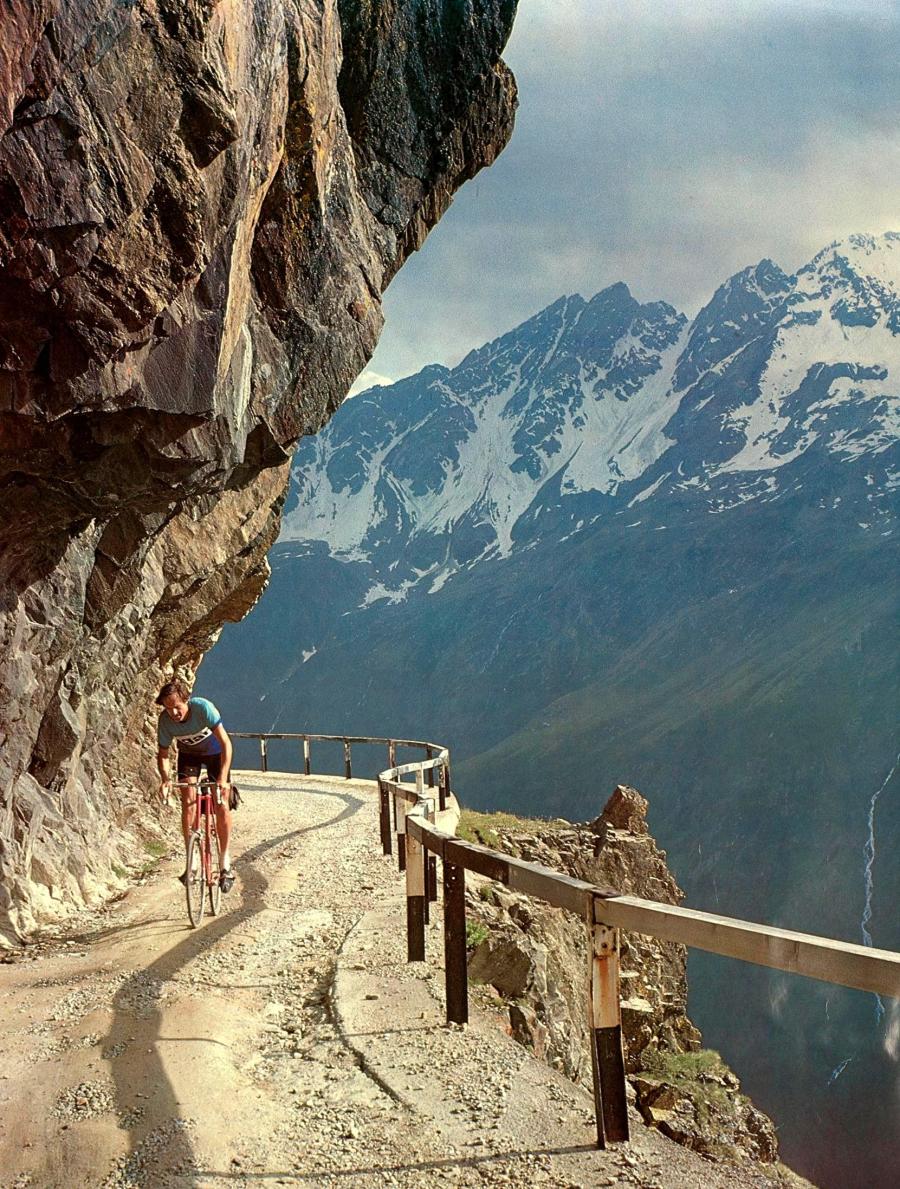 Jobst Brandt riding up Gavia Pass, Italy. Made into a poster.