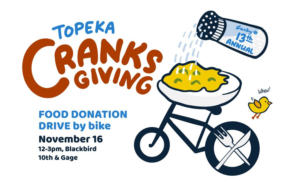 Topeka Cranksgiving advertising image, featuring a giant salt shaker pouring salt on a deviled egg - which is sitting on a bike. 